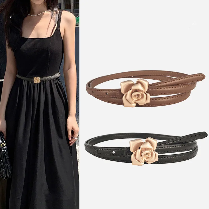 New leather women's thin belt women's flower waist thin cowhide with sweater dress belts for women luxury designer brand