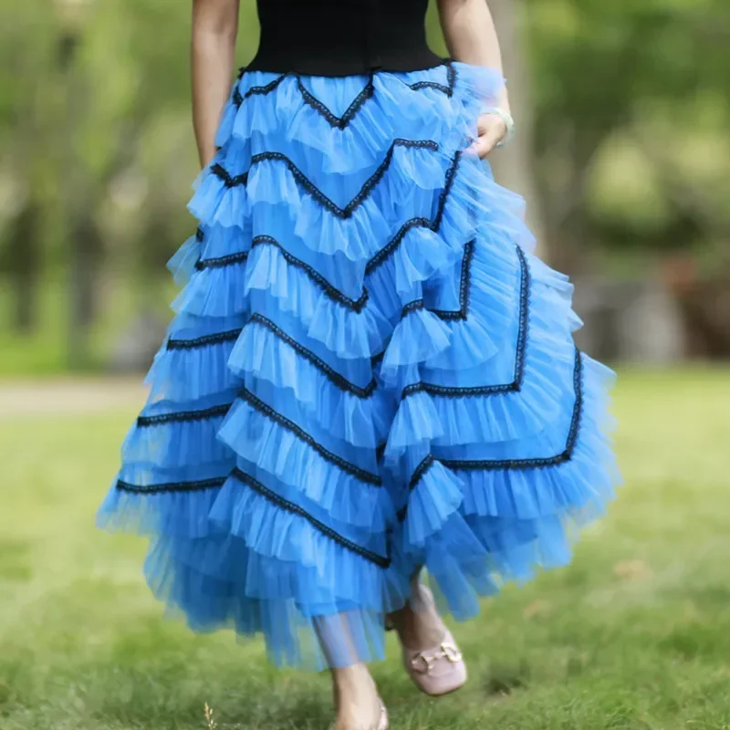 

New Lace zigzag cake skirt mesh long high waist thin fairy fluffy