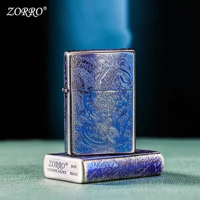 

ZORRO дымчатый синий корпус керосиновая зажигалка латунь в китайском стиле резьба ветрозащитный шлифовальный круг прикуриватель мужской подарок