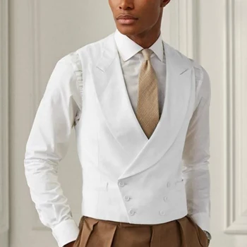 ラペル付きメンズヴィンテージビジネススーツ、無地の白いウエストコート、不規則なスリム、結婚披露宴、シック
