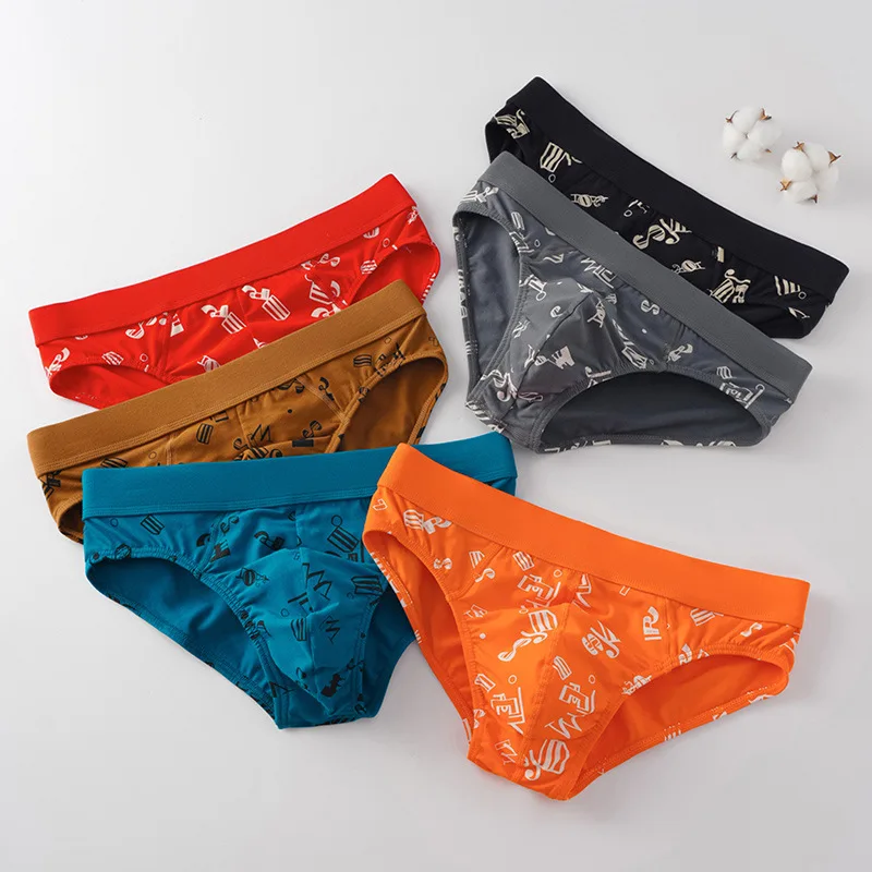2pcs Cotton Man Underwear Briefs Middle Rise Printing Bodysuit Comfortable Sexy Men Bikini Under Panties Red Orange Brown Pants