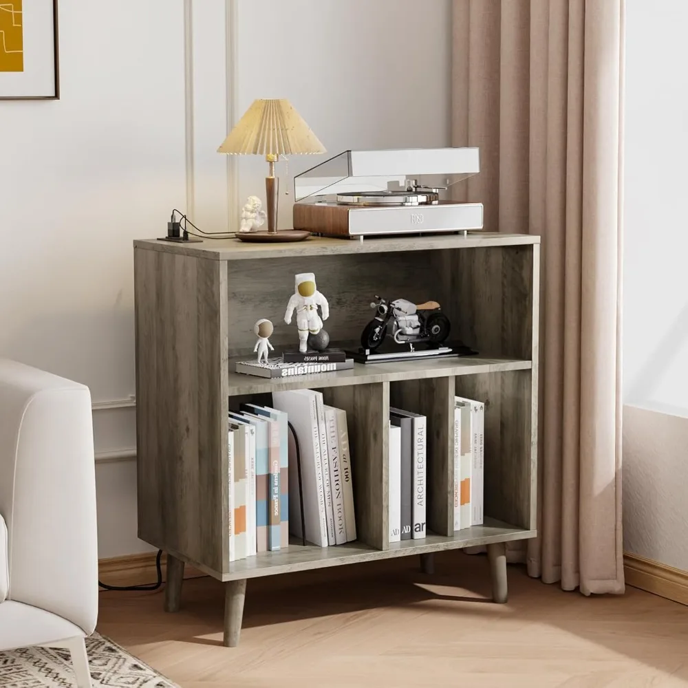 

Record Player Stand with Open Vinyl Storage, Mid-Century Album Storage Table with LED Light up to 300 Albums