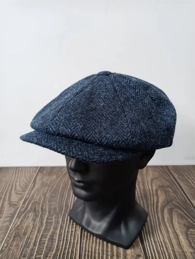 Blue Color Men's 100% Wool Newsboy Cap Octagonal 8 Panel Flat Beret Tweed Spring Autumn Available in Sizes 57/59/60cm