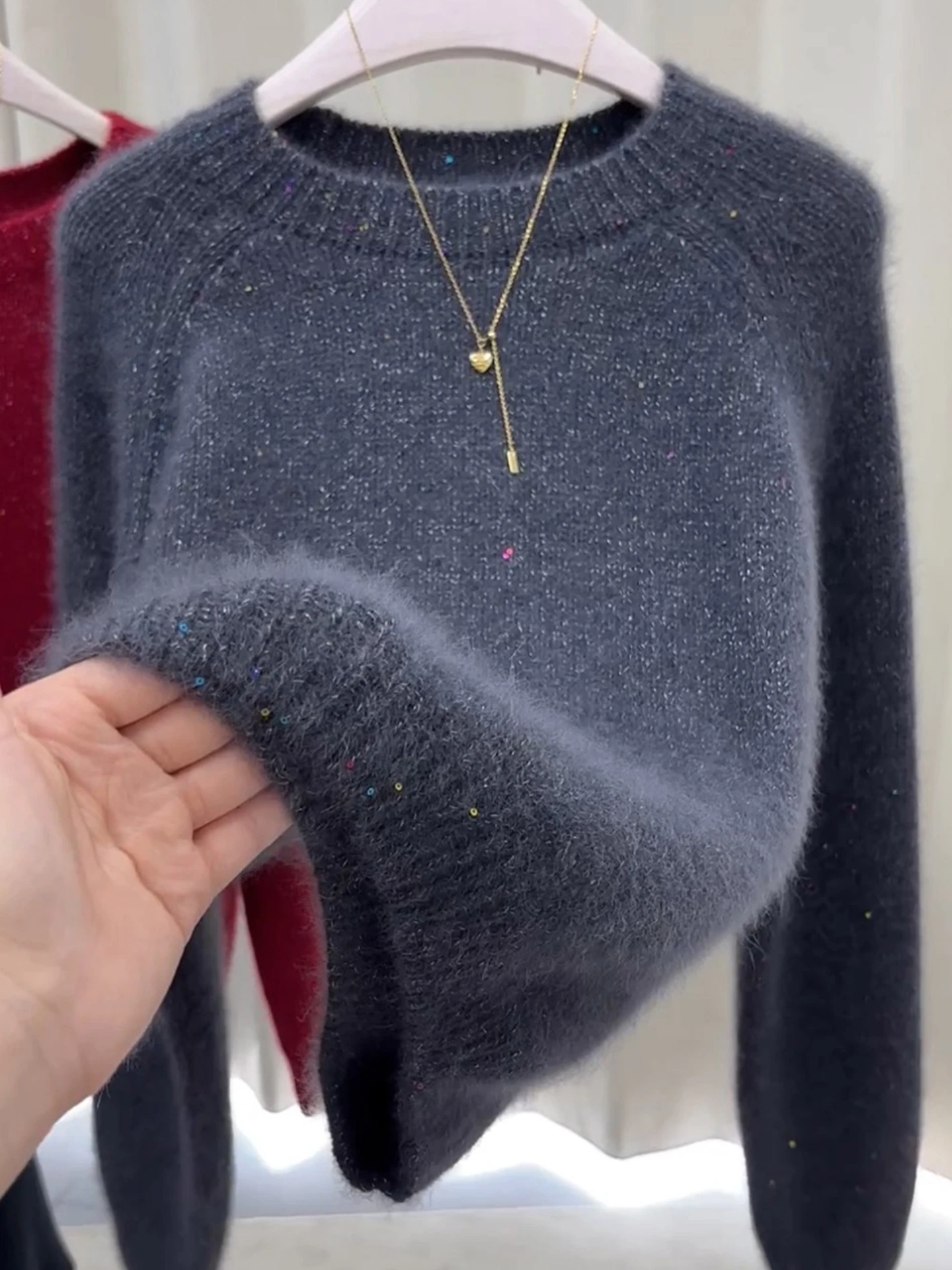  Glitter Knit Sweater Loose Long Sleeve round Neck Soft Cozy Women's Fashion Autumn Slimming Top Korean Style