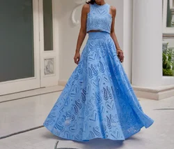 Two Piece Set Women Outfit 2024 Spring Fashion Embroidered Hollow Out Round Neck Crop Vest & High Waist Vacation Long Skirt Set