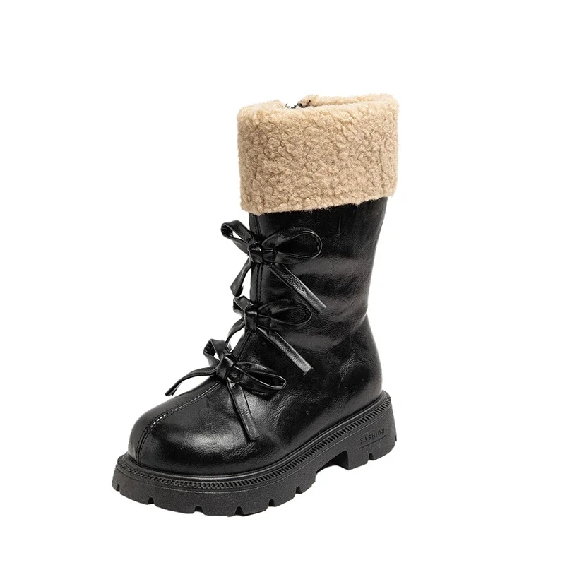 Girls Winter Knee‑High Boots, Fuzzy Fleece Cuff Tall Boots with 3 Bows Decor, Warm Furry Lined Princess Boots for Little Kids