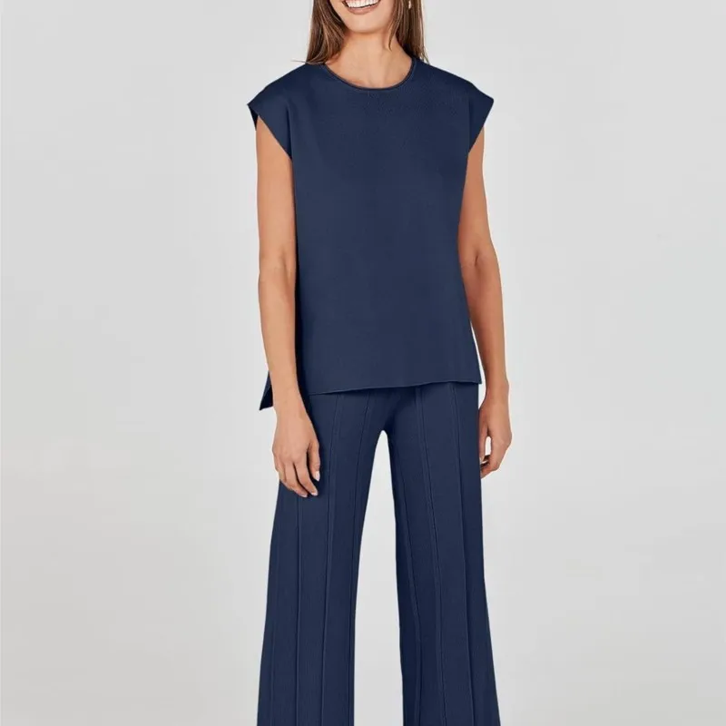 

Повседневный вязаный жилет и брюки, комплект из двух предметов, женский наряд, элегантный однотонный топ без рукавов с круглым вырезом + комплекты широких брюк