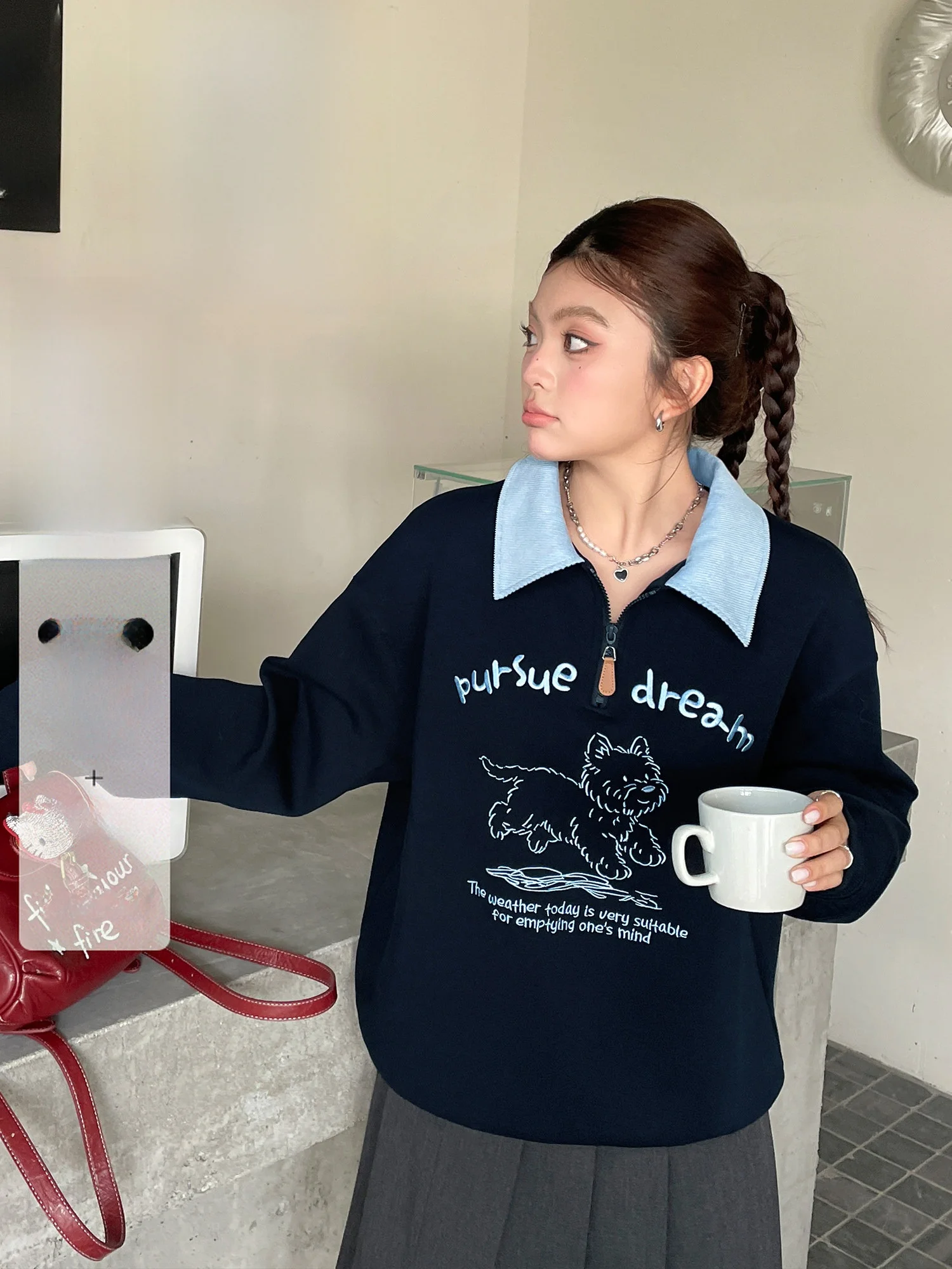 

Loose Fit Embroidered Sweatshirt Women's Spring Autumn Fashion Casual Long Sleeve Zipper Collar Top Breathable Comfortable