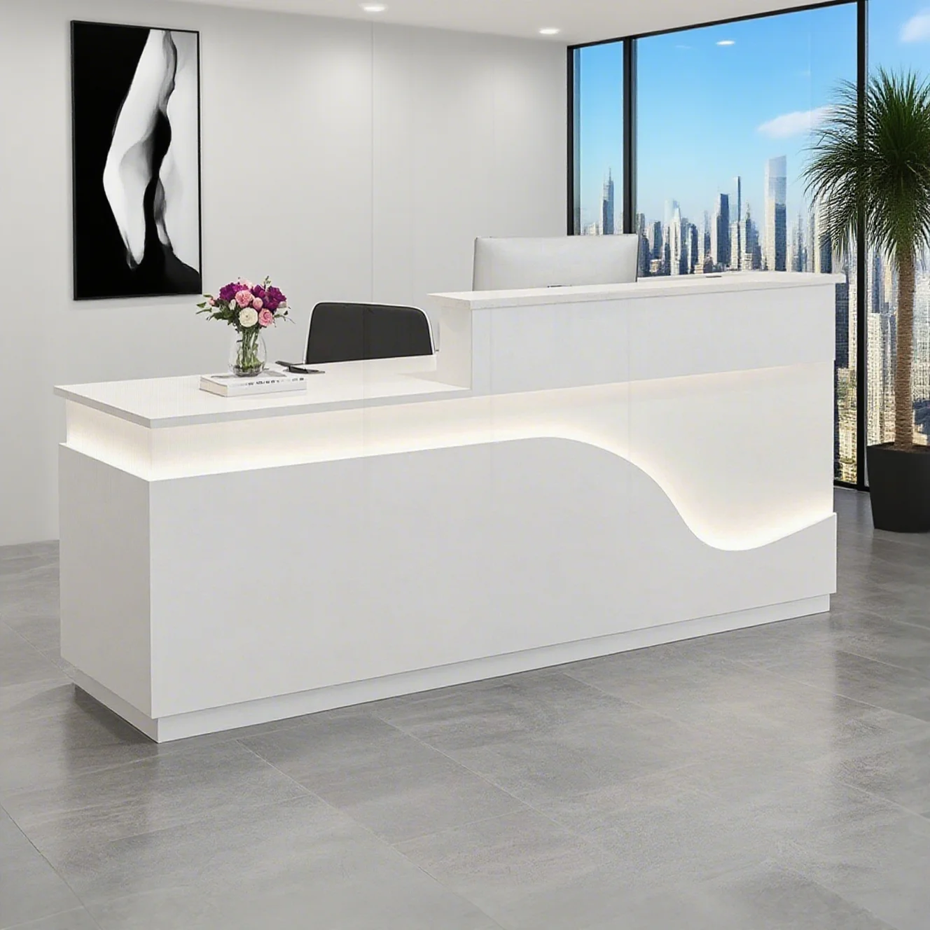

Modern Reception Desk with Ice Blue LED Lights, 70.9in Solid Wood White Front Desk with Storage Shelves