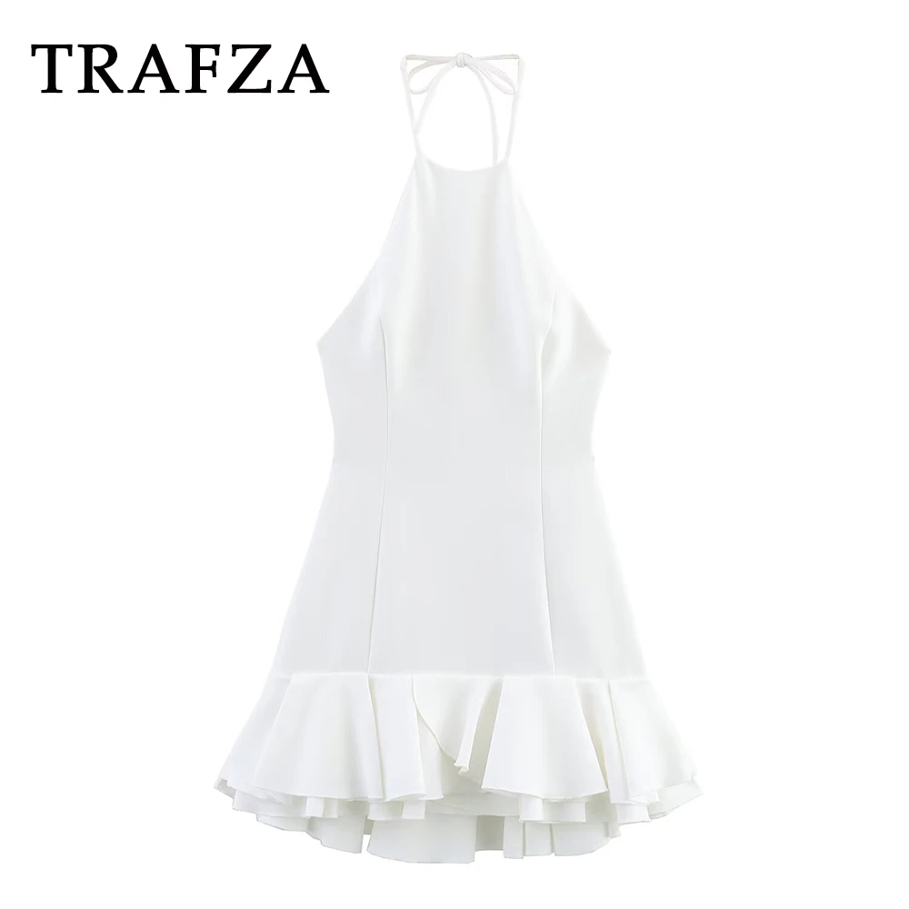 

TRAFZA Chic White Summer Backless Sexy Party Woman Dresses Halter Sleeveless Stack Mini Dress Fashion 2025 Beach Mujer Vestidos