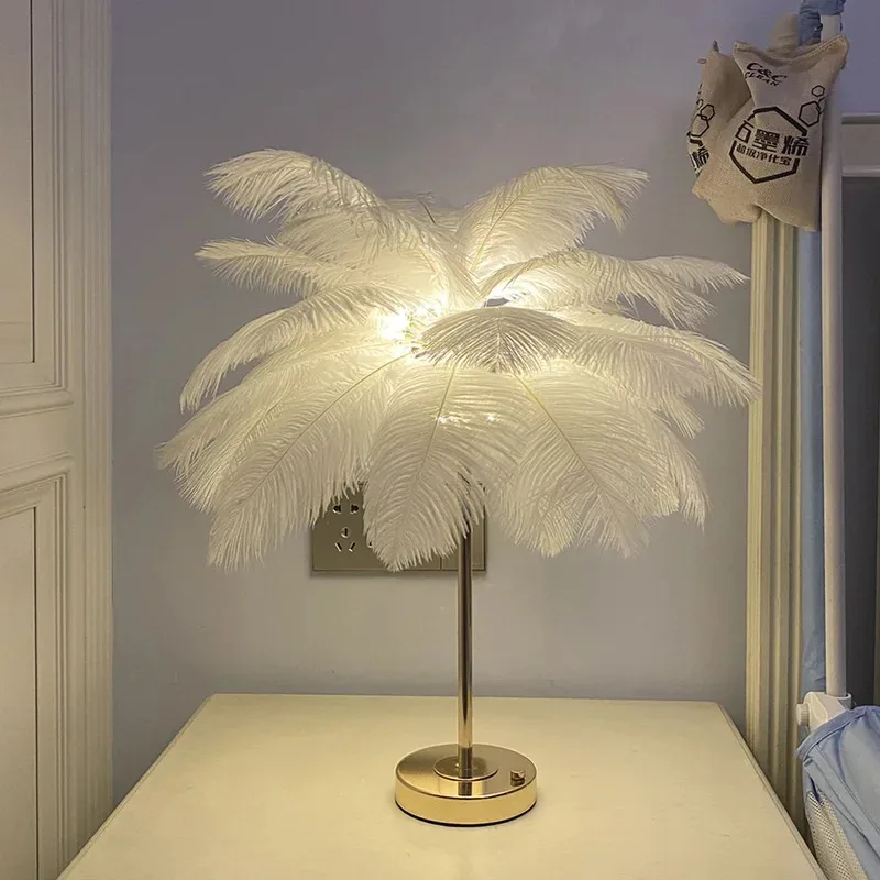 

Rechargeable Portable Ostrich Feather Table Lamp Bedroom Bedside Lamp Creative Nordic Romantic Night Light Warm Home Decor LED
