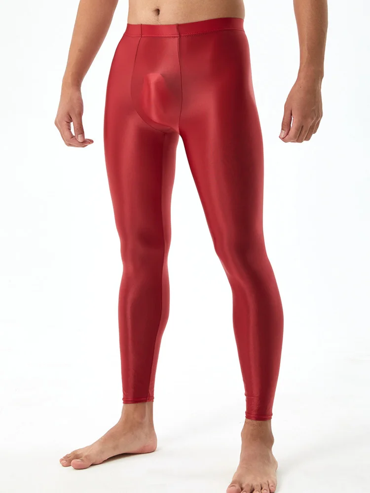 

Sexy Men Elastic Oil Shiny Tight Pencil Pants Shaping Legging Sheer See Through Capris Breathable Exotic Trousers Candy Color