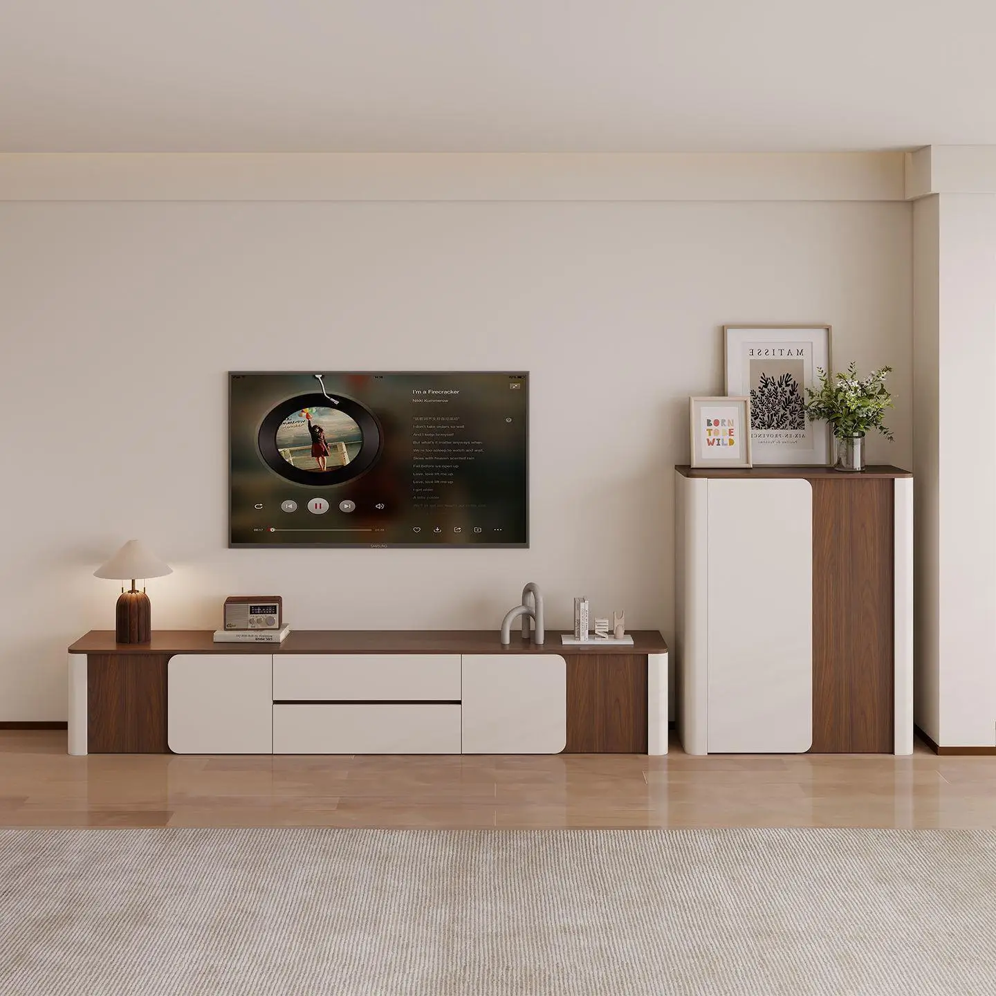 

Medieval Cream Wind Solid Wood TV Cabinet Small Apartment Living Room Storage Locker Integrated Arc Combination Side Cabinet