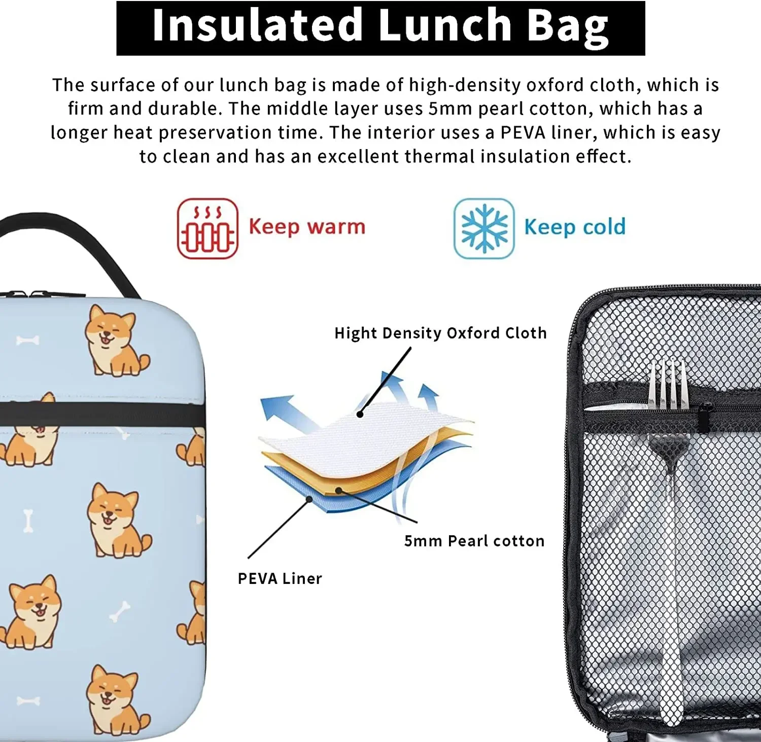 Lunch Box Cute Shiba Inu Dog Cartoon Reusable Lunch Bag with Shoulder Strap for Women Men Girls Boys Meal Tote Bag