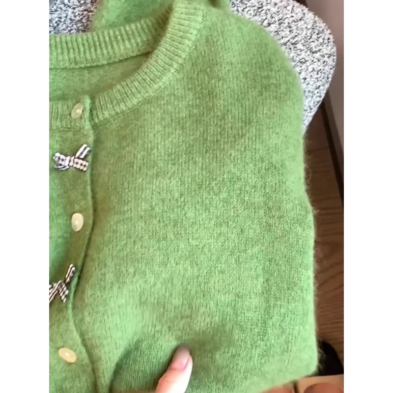 سترة محبوكة بفيونكة خضراء برقبة دائرية للنساء بتصميم ربيع الخريف سترة مخملية ناعمة كسول متعددة الاستخدامات من الراكون #3