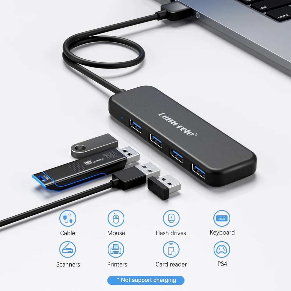 Lemorele USB HUB USB 3.0 Adapter 4 Ports Type A HUB OTG Adapter High Speed Data Transmission for Laptop Computer Accessories