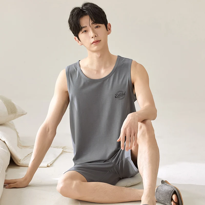 

2 шт./компл. мужские пижамы, летние модные пижамы без рукавов, мягкая простая повседневная домашняя одежда, мужская модальная удобная домашняя одежда с надписью, Прямая поставка