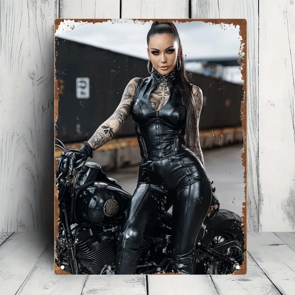 Vintage Motorrad Metall-Wandkunst - Schwarzes Leder-Biker-Schild, Retro-Garagendekoration für Zuhause, Bar, Café, Langlebiges Eisengeschenk für Frauen