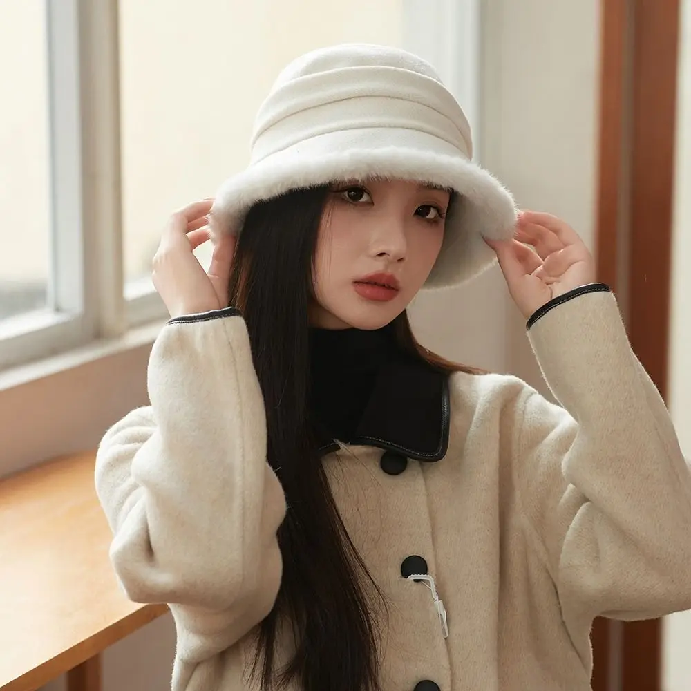 Korean Fuzzy Winter Bucket Hat Ear Protection Windproof Women's Fisherman HatWarm Thick Plush Warm Basin Cap for Women