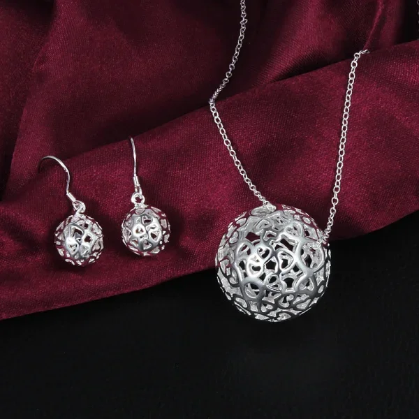 Heißer Charme aus 925er-Sterlingsilber mit hohlem Kugel-Anhänger, Halskette, Ohrringe, Schmuckset für Frauen, Mode, Party, Weihnachtsgeschenke