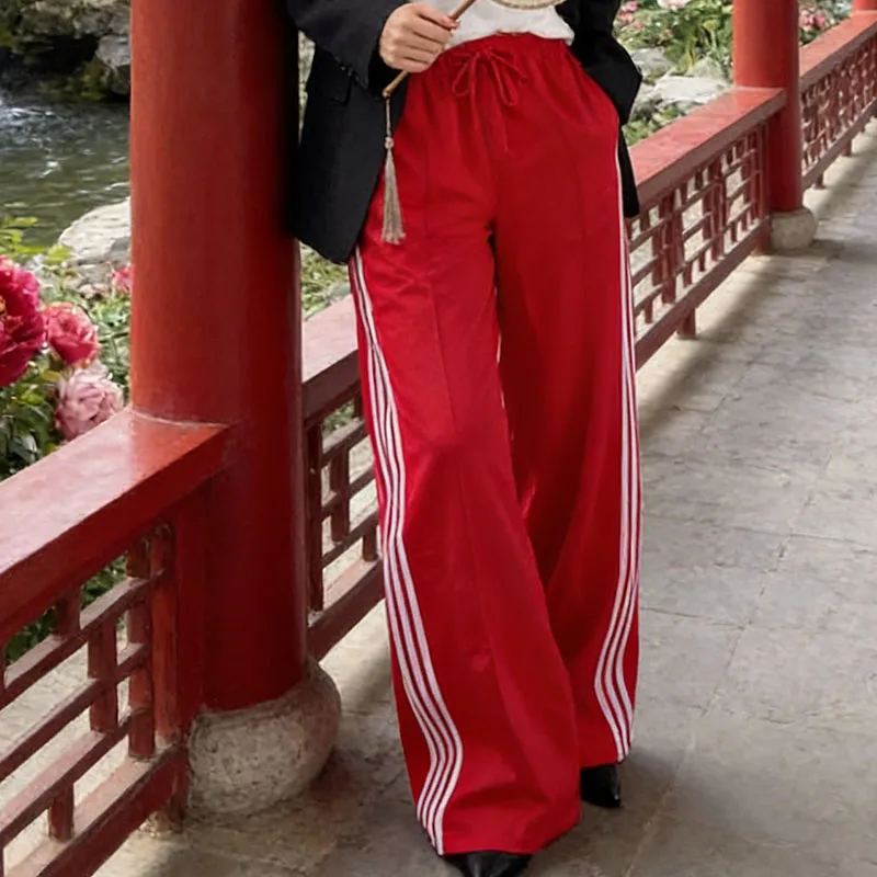 한국 봄 도파민 스트라이프 여성 빈티지 하라주쿠 바지 하이 스트리트 출퇴근 패션 트렌드 루즈 스트레이트 캐주얼 팬츠