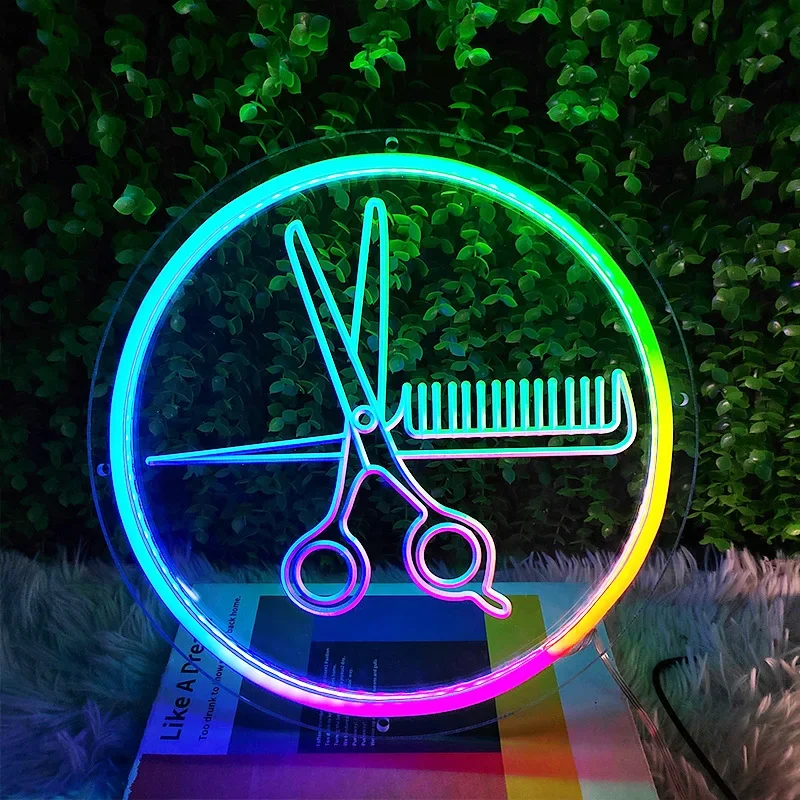 30CM Barber Shop Neon Led Light APP Bluetooth RGBIC Dream Scissors Neon Lamp Wall Hanging Night Lights Room Bar Neon Sign