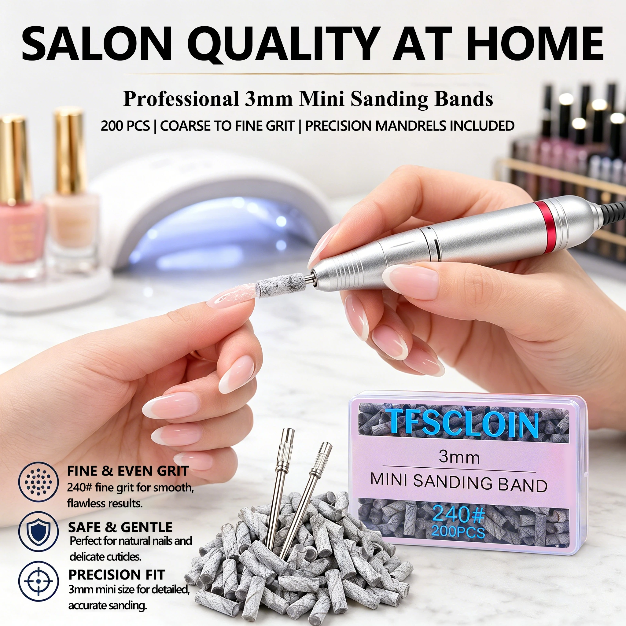 TFSCLOIN 3mm 200Pcs Mini Nail Sanding Bands Set with 2 Mandrels, 80/120/180/240 Grit Nail Drill Bits for Manicure Gel Remover view 2