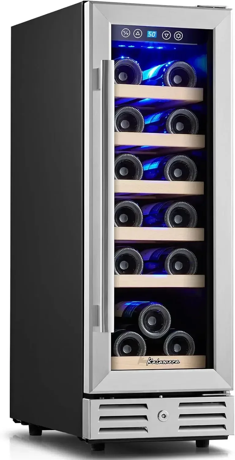 Mini Fridge 18 Bottle - 12 inch Wine Cooler Refrigerator, Built-in or Freestanding, with Stainless Steel & Double-Layer Tempered