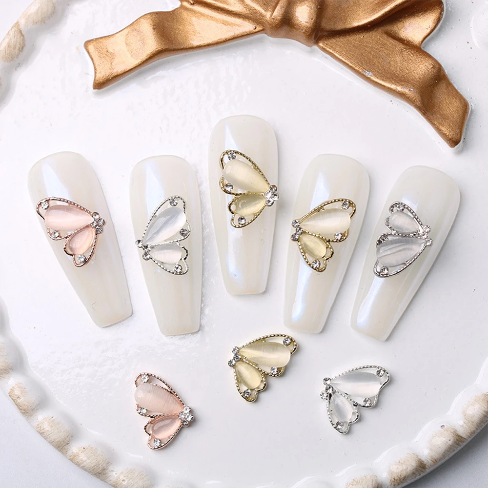 10Pcs Gem Butterfly Wing Nail Art Charm 3D Diamond Luxurious Cat's Eye Stone Wing Nail Ornament DIY Exquisite Nail Accessories