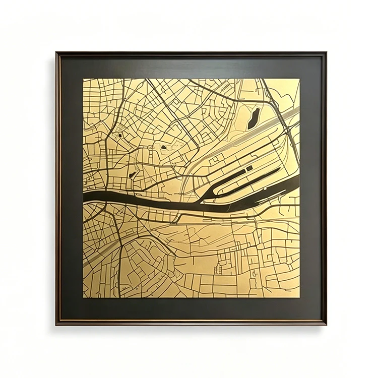 %S_ Factory Wholesale Custom Gold Foil City Map Wall Art Framed Abstract Metal Print Home Decor for Living Room Hotel