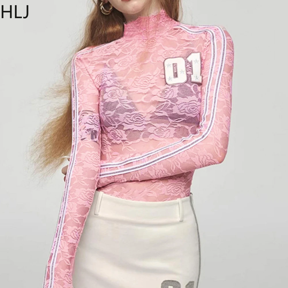 HLJ Y2K Fashion Sweet Lace Perspective Embroidery Two Piece Sets For Women Long Sleeve Slim Top And Pleated Mini Skirts Outfits