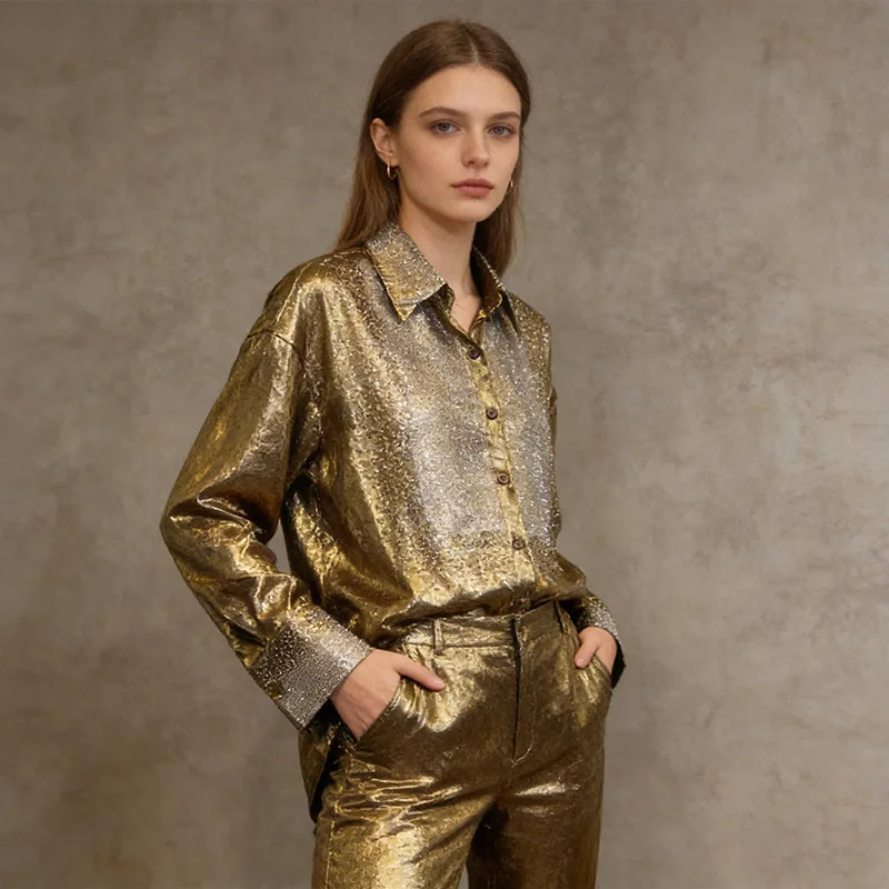 Retro Luxury Metal Foil Rhinestone Long Sleeve Loose Fit Shirt Spring 2026 Women's Turn-down Collar Casual Comfortable Top