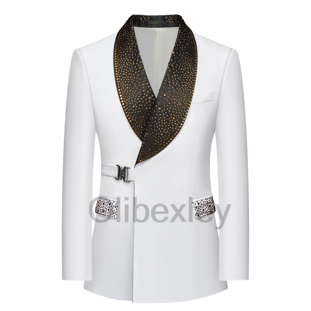 Olibexley White Men's Suit Set Jacquard Tuxedo Luxury Rhinestone Slim Fit Dinner Blazer Jacket for Prom Party Customized S379
