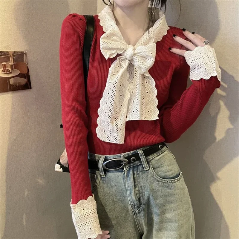 Lace Patchwork Sweet Knitted Sweater for Women Spring Autumn New Bow Bandage Slim Korean Pullovers Top Fashion Elegant Clothing