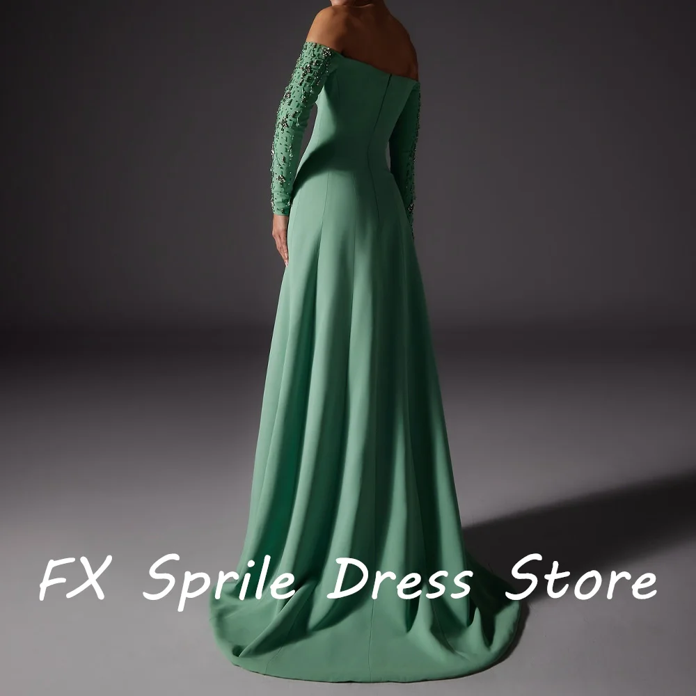 A-Line Strapless Off the Shoulder Long Sleeves Beading Zipper Back Jersey Floor Length Solid Color Elegant Evening Party Dresses