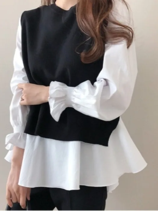 

Оригинальный весенний вязаный комплект: жилет и рубашка с длинным рукавом, повседневный свободный крой, хлопок, стандартная толщина, не деформируется.