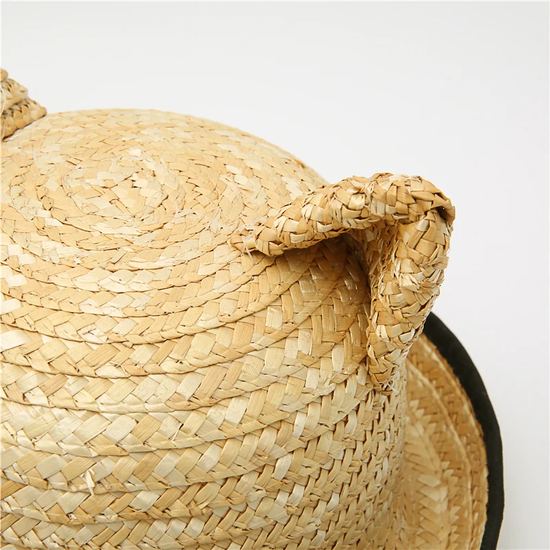 2022 New Summer New Cat Ears Handmade Natural Straw Sun Hat with Bow for Women Solid Beach Cap Girls UV Protection Sunhat