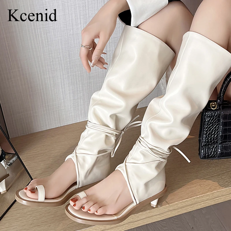 Kcenid Women's Knee-High Modern Long Stretch Boots Split Toe Heeled Footwear Trendy Ladies Shoes 2025 Style Size 41 42