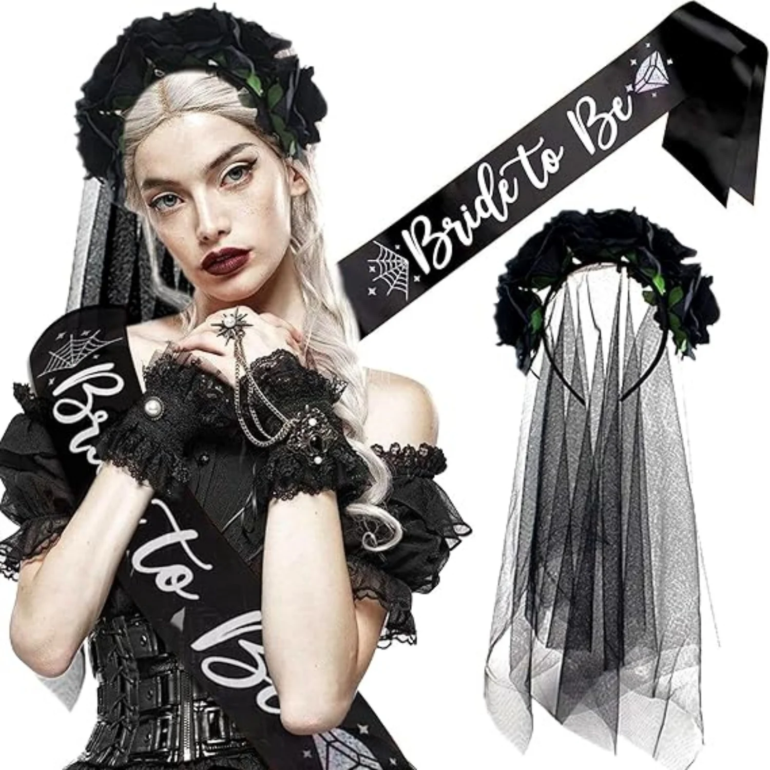 

Laventy Bride or Die Sash Gothic Rose Flower Headband Goth Bachelorette Decoration Bride or Die Bachelorette Party Supplies