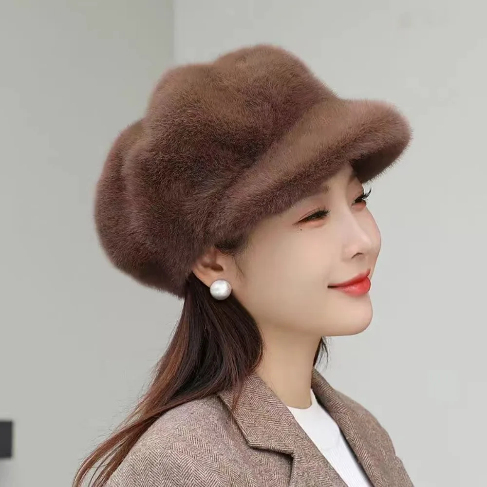 

Fashion Protection From Cold Women Beret Solid Color Light Luxury Winter All-match Hat Imitation Mink Female Peaked Cap