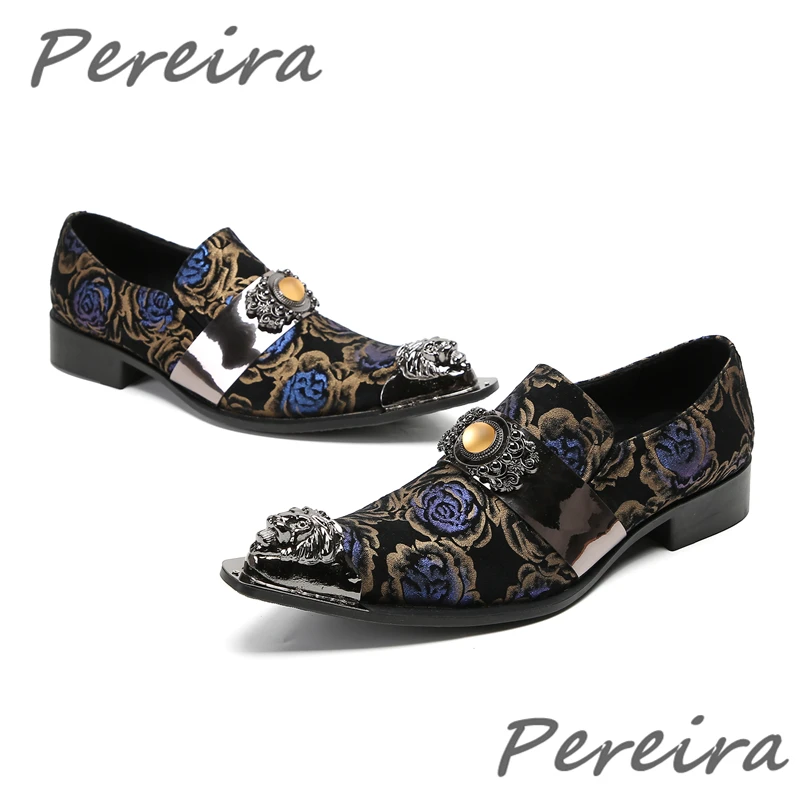 Rose Printed Suede Leather Dress Shoes for Men Luxury Gemstones Metal Decor Pointed Toe Business Casual Party Wedding Shoes