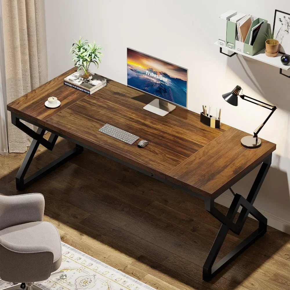 63 Inch Executive Desk, Large Office Computer Desk with Extra Thick Wooden Tabletop, Modern Simple Workstation Writing Table