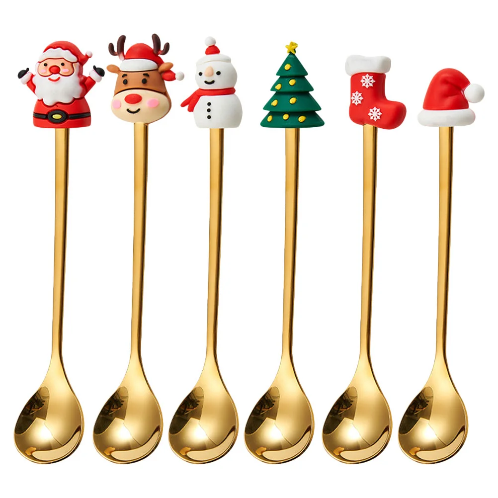 Beverage Spoon Christmas Stainless Steel Tableware Dessert Coffee (Christmas Golden Six-piece Set-red Box) Home Spoons