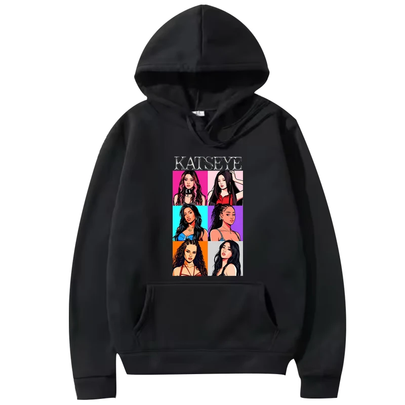 سويت شيرت كلاسيكي بقلنسوة للرجال والنساء من Katseye عتيق بأكمام طويلة مع رسومات مطبوعة بقلنسوة كبيرة الحجم للجنسين