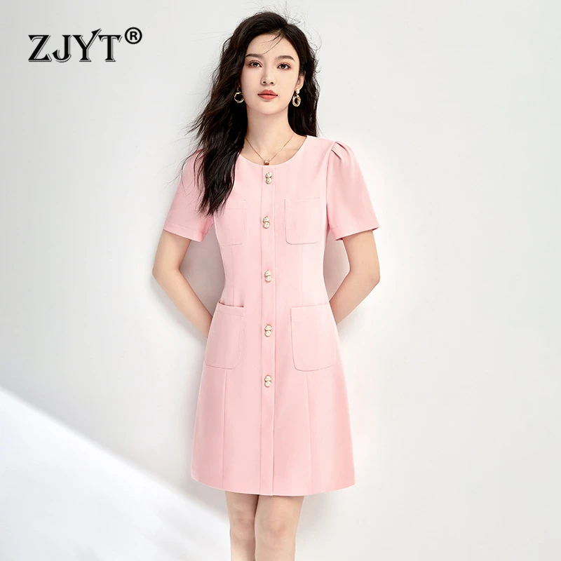 

ZJYT Summer 2024 Fashion Short Sleeve Solid Pink Brief Dresses Women Designer O Neck Button Pocket Office Lady Dress Casual Robe