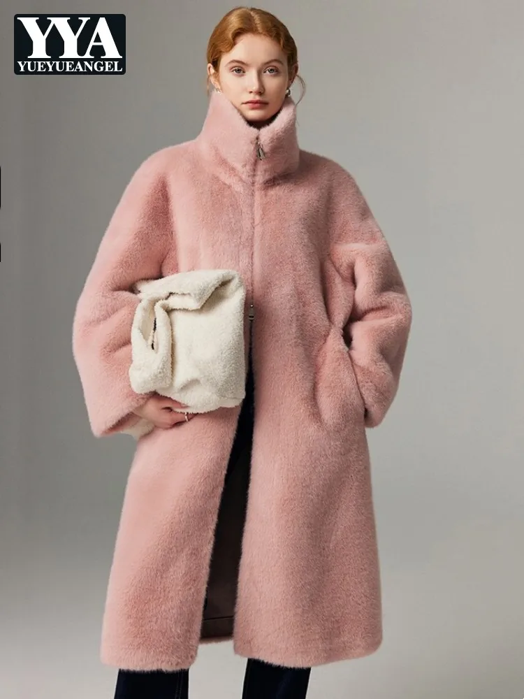 

Winter Women Faux Fur Fashion Overcoat New Loose Fit Zipper Solid Color Casual Long Jacket Office Ladies High Street Outerwear