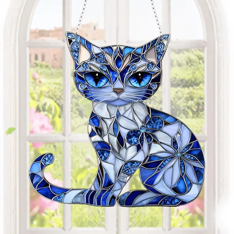 Katzen-Sonnenfänger-Ornament, Acryl, blau-weiß, Buntglas-Fenster, zum Aufhängen, für Innen-/Außendekoration, Gartenzimmer, Geschenk für Freunde
