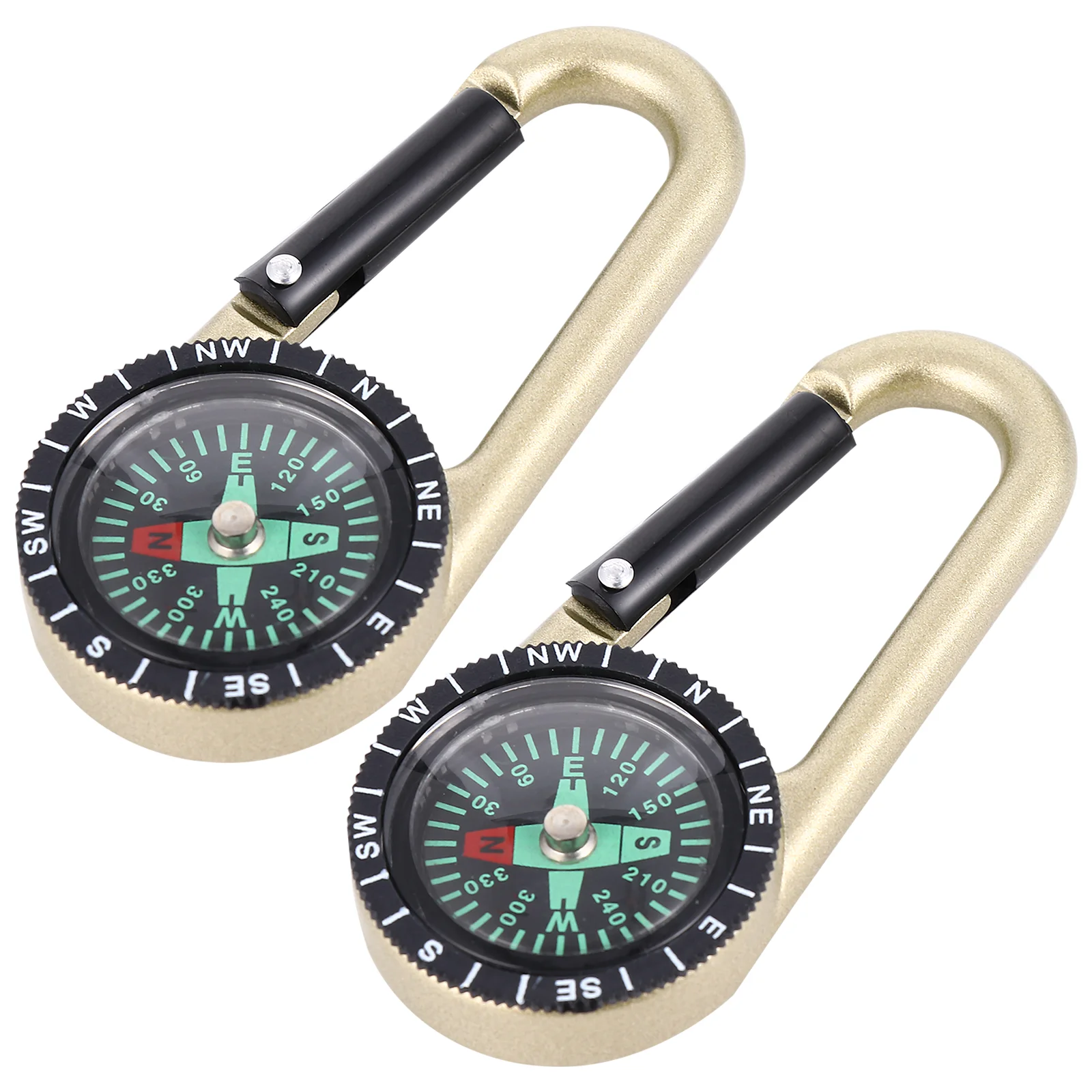 2 Pcs Carabiner Key Ring Compass Alloy Camping Climbing Tool Waterproof Pocket Clip Watch