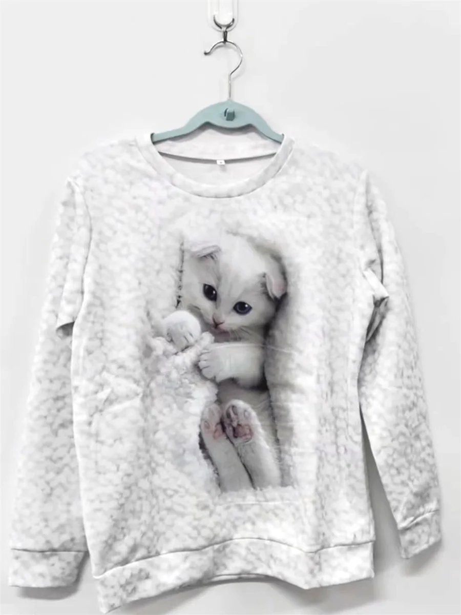 2023 Women’s Cute Kitten Series Fashionable, Comfortable and Soft Printed Large Size Round Neck Pullover Sweatshirt