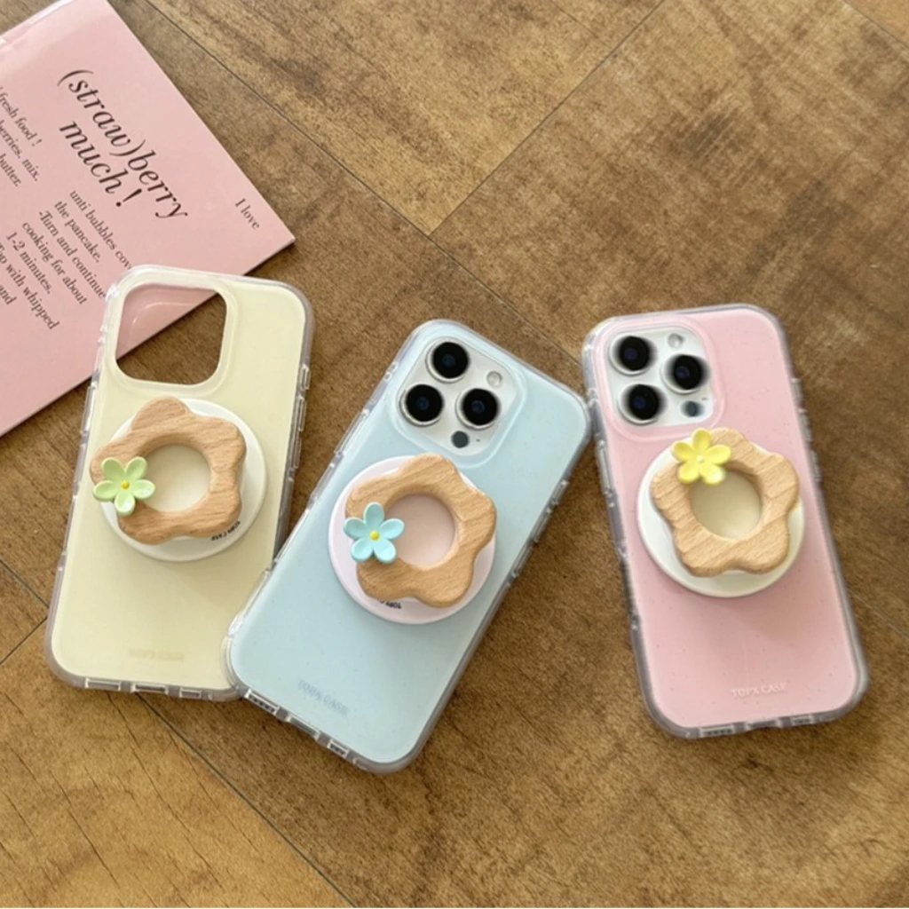 

Cute Candy Color Wooden Colorful Flower With Holder Magnetic Wireless Charging Phone Cover Case for iPhone 17 16 15 14 13 ProMax
